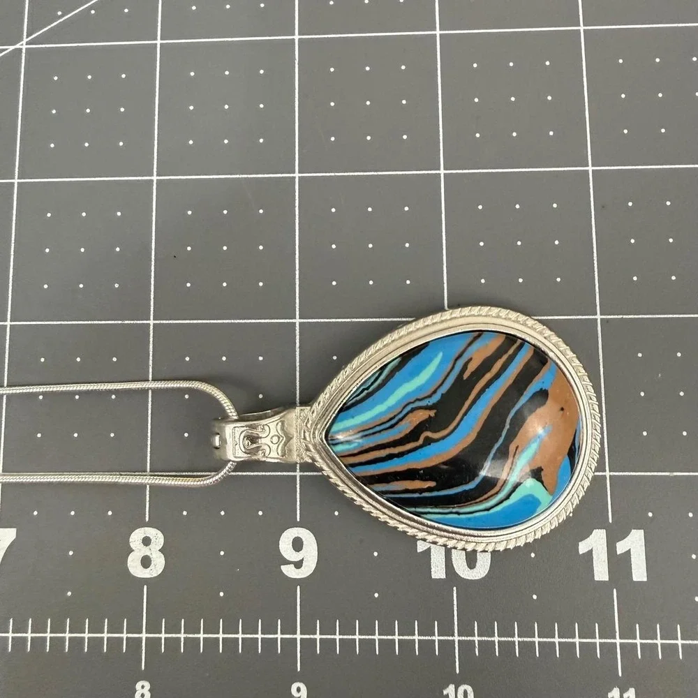 Teardrop Swirl Stone Necklace Blue Marbled Pendant Snake Chain Bohemian Design